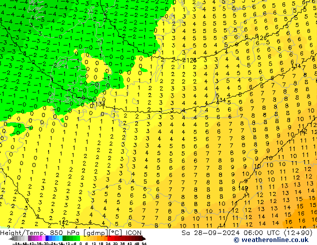 Height/Temp. 850 hPa ICON Sa 28.09.2024 06 UTC