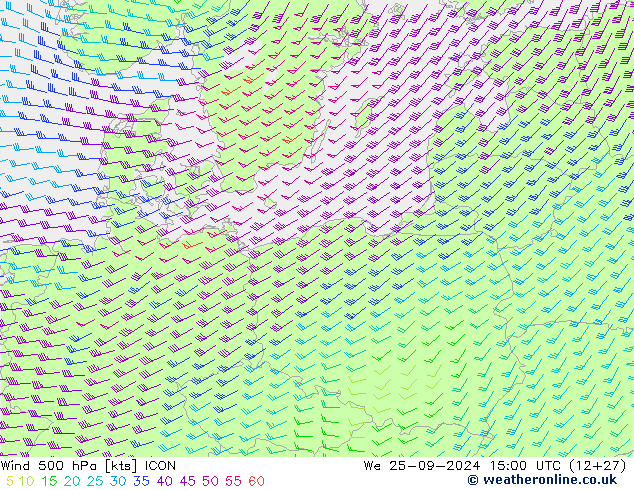 Vento 500 hPa ICON mer 25.09.2024 15 UTC