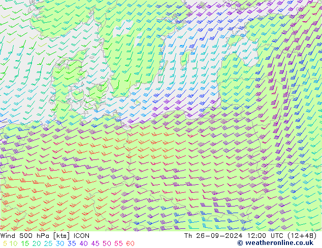 wiatr 500 hPa ICON czw. 26.09.2024 12 UTC