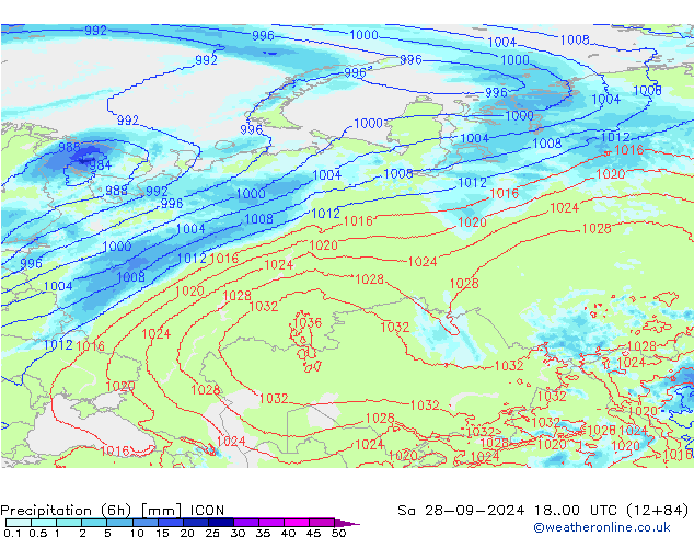 осадки (6h) ICON сб 28.09.2024 00 UTC