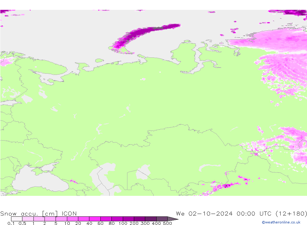 Snow accu. ICON mer 02.10.2024 00 UTC