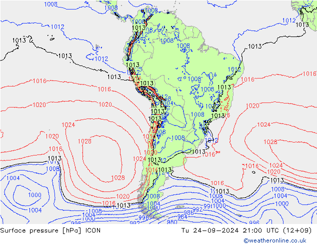 Surface pressure ICON Tu 24.09.2024 21 UTC