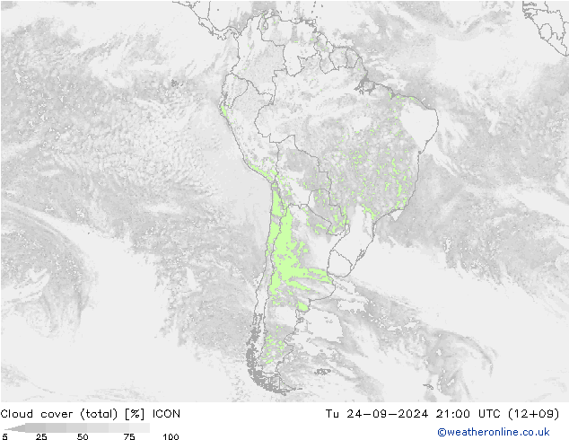 Cloud cover (total) ICON Tu 24.09.2024 21 UTC