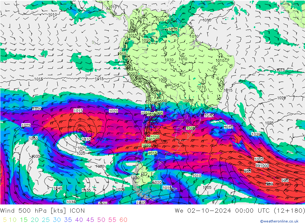 Vento 500 hPa ICON mer 02.10.2024 00 UTC