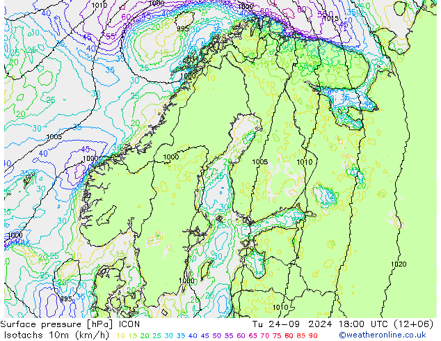 Isotachs (kph) ICON Út 24.09.2024 18 UTC