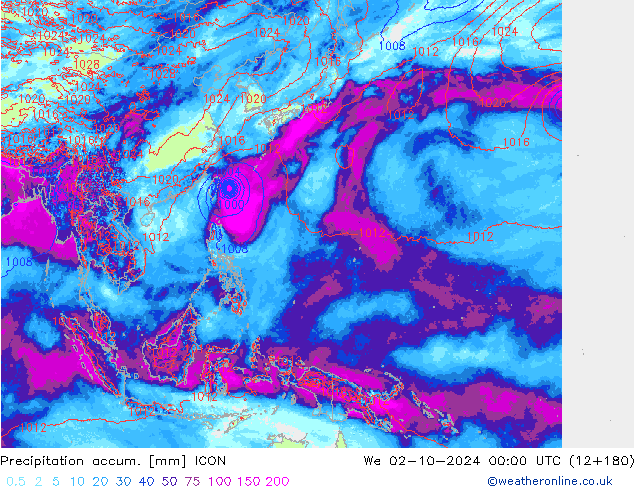 Totale neerslag ICON wo 02.10.2024 00 UTC