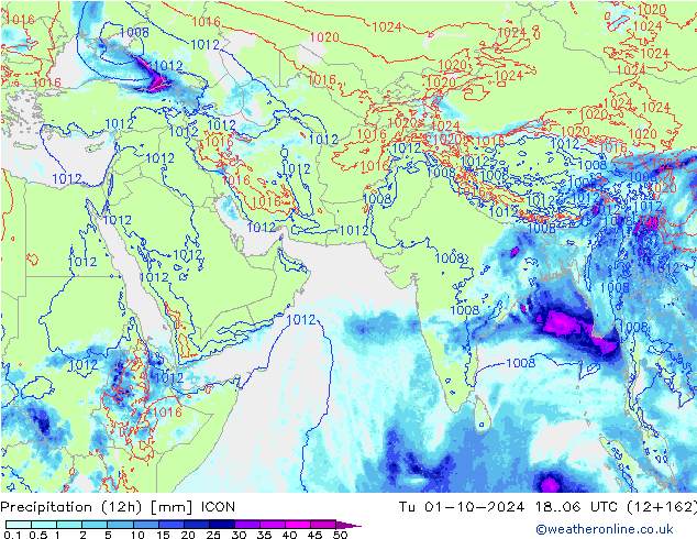 Precipitation (12h) ICON Tu 01.10.2024 06 UTC