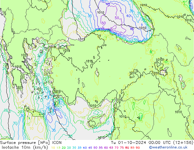 Isotachs (kph) ICON вт 01.10.2024 00 UTC