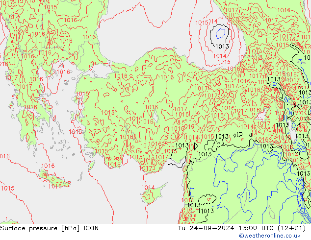 Surface pressure ICON Tu 24.09.2024 13 UTC