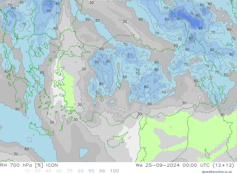 Humedad rel. 700hPa ICON mié 25.09.2024 00 UTC