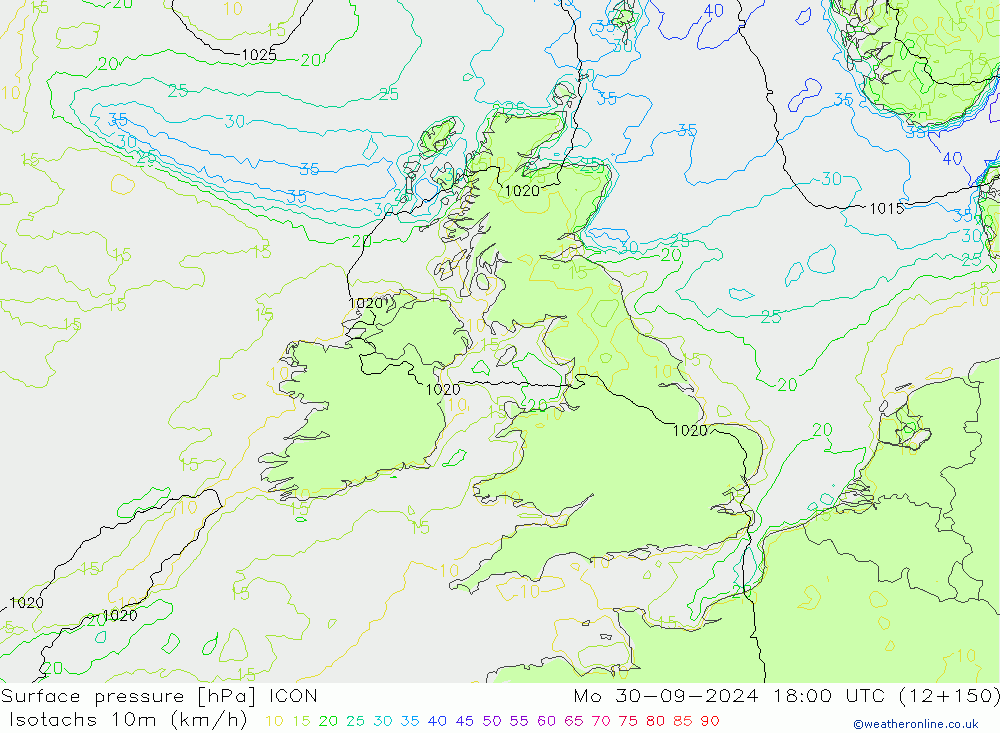 Isotachs (kph) ICON Mo 30.09.2024 18 UTC