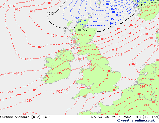 Surface pressure ICON Mo 30.09.2024 06 UTC