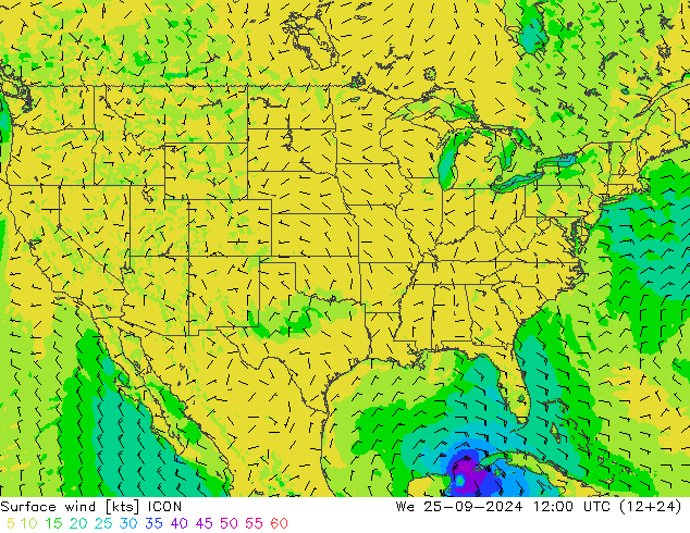 Viento 10 m ICON mié 25.09.2024 12 UTC