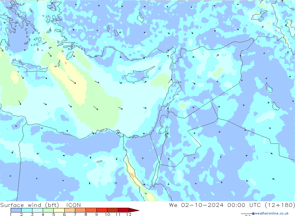 Surface wind (bft) ICON St 02.10.2024 00 UTC