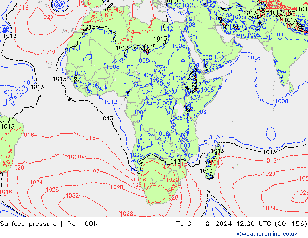 Yer basıncı ICON Sa 01.10.2024 12 UTC