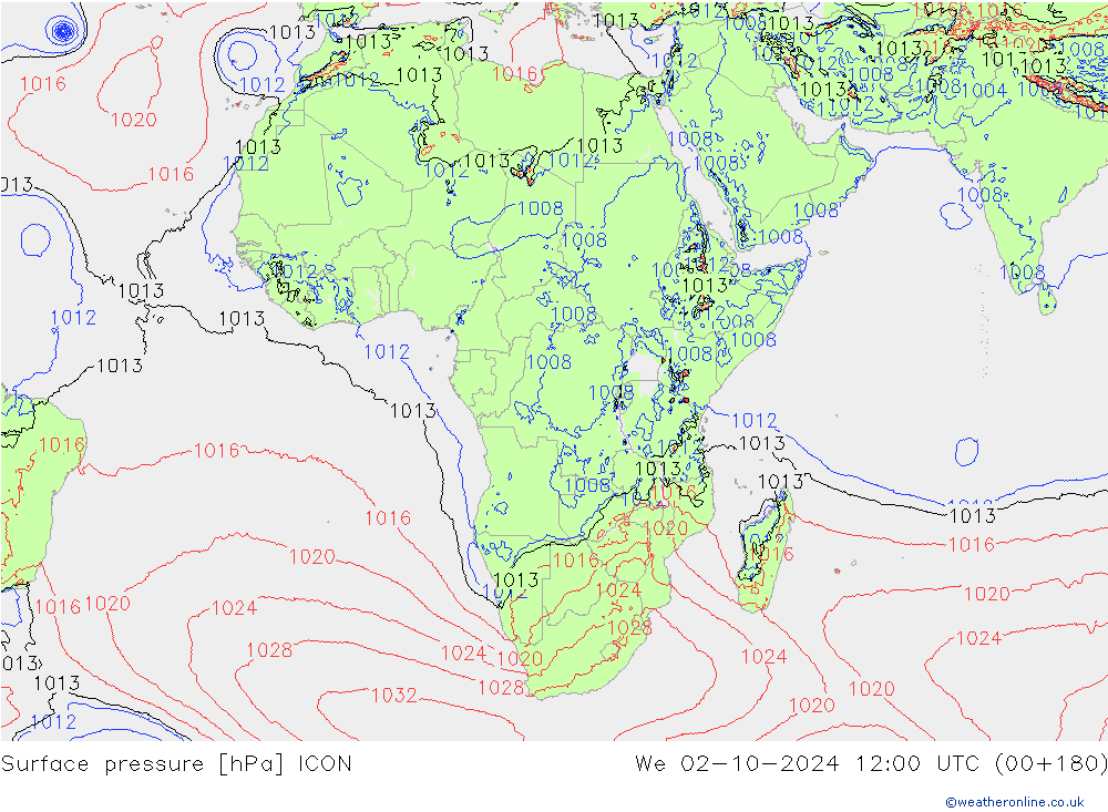 Presión superficial ICON mié 02.10.2024 12 UTC