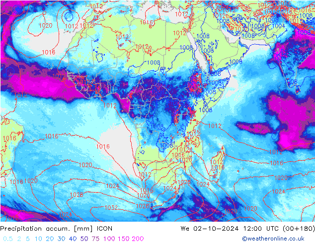 Precipitation accum. ICON śro. 02.10.2024 12 UTC