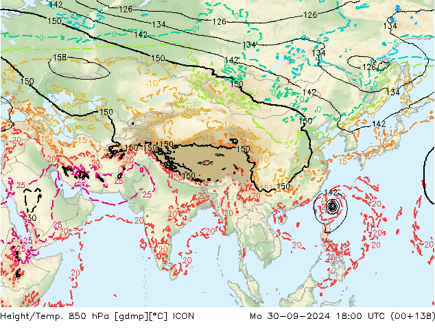 Hoogte/Temp. 850 hPa ICON ma 30.09.2024 18 UTC