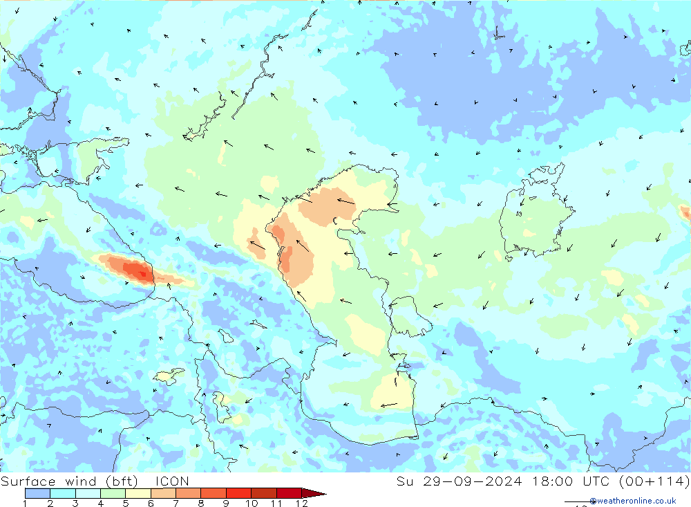 Surface wind (bft) ICON Su 29.09.2024 18 UTC