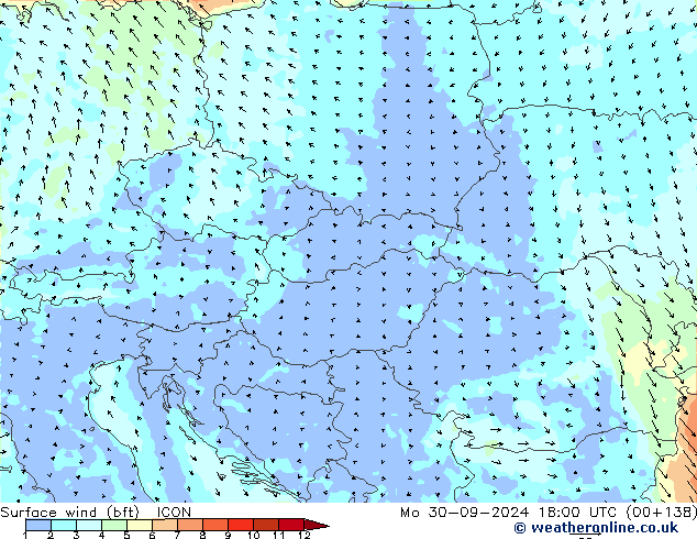 Surface wind (bft) ICON Mo 30.09.2024 18 UTC