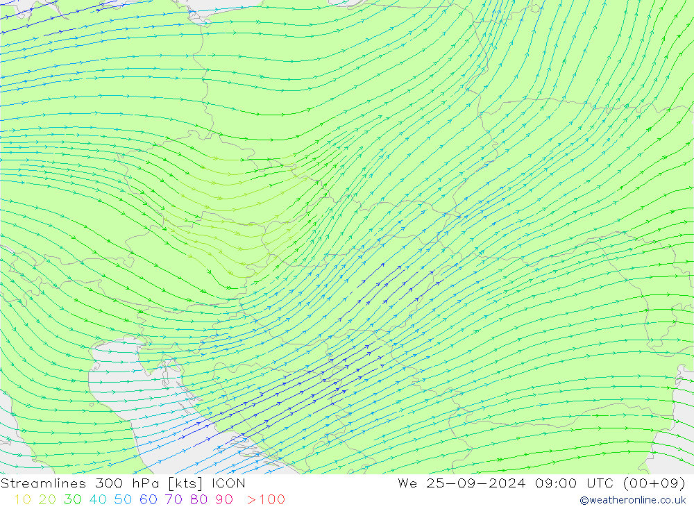 Stroomlijn 300 hPa ICON wo 25.09.2024 09 UTC