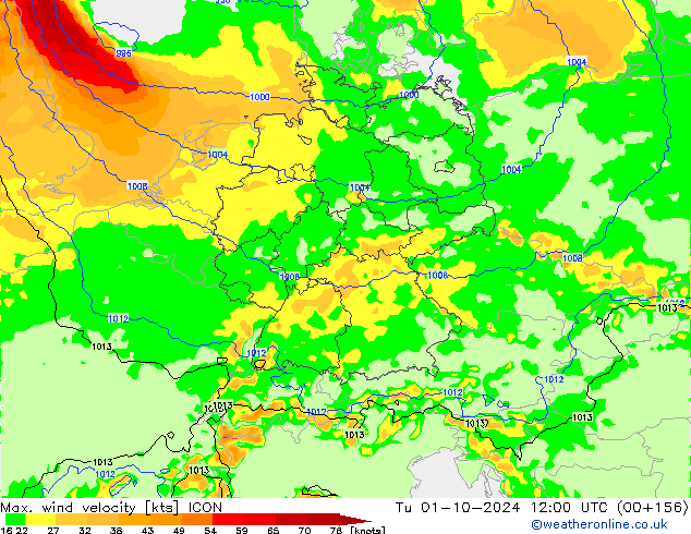 Max. wind velocity ICON mar 01.10.2024 12 UTC