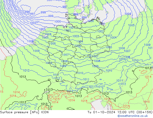 Surface pressure ICON Tu 01.10.2024 12 UTC