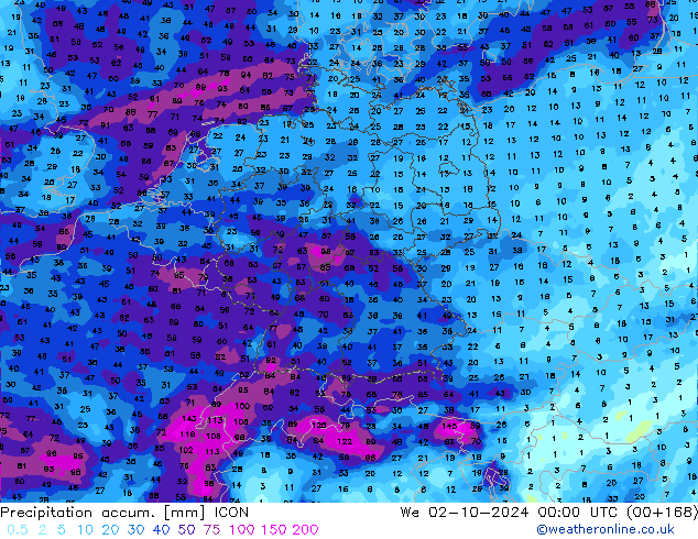 Precipitation accum. ICON We 02.10.2024 00 UTC