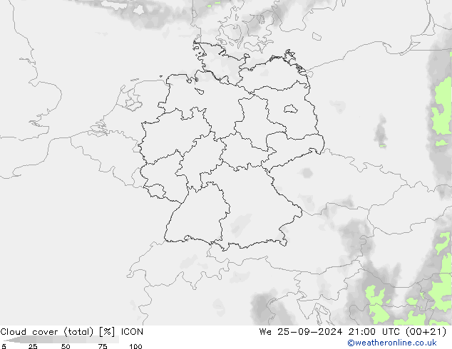 Bewolking (Totaal) ICON wo 25.09.2024 21 UTC