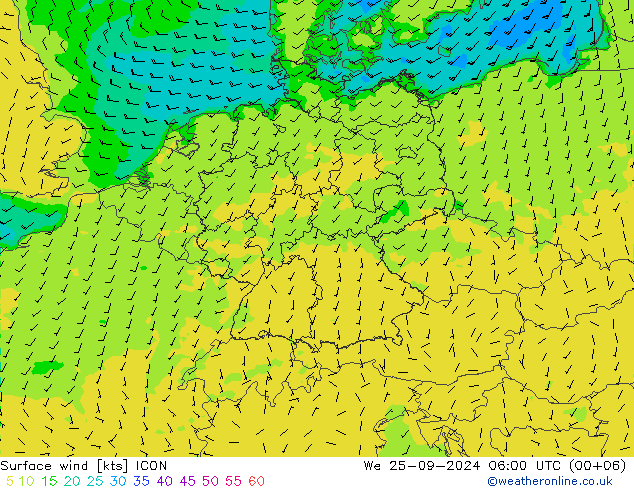 Vent 10 m ICON mer 25.09.2024 06 UTC