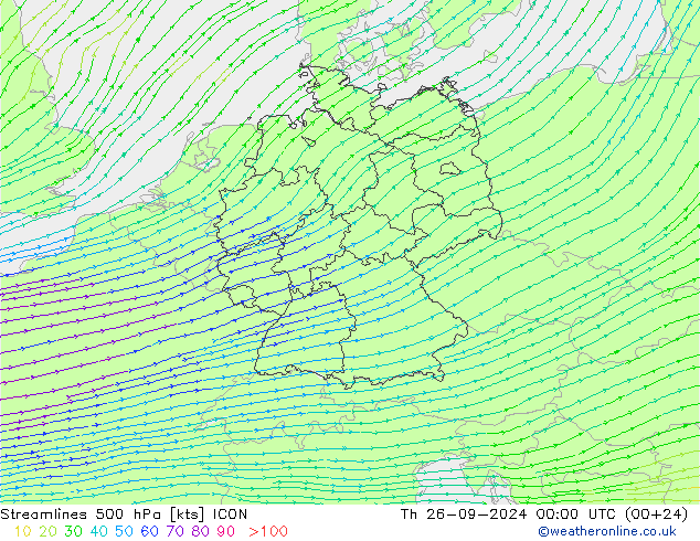 Streamlines 500 hPa ICON Čt 26.09.2024 00 UTC