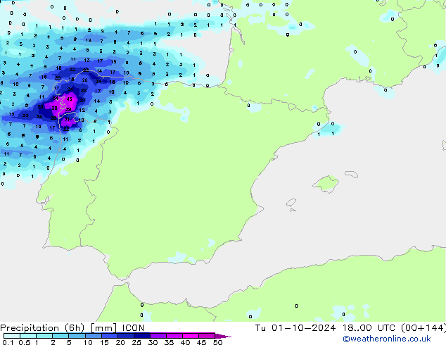 Precipitación (6h) ICON mar 01.10.2024 00 UTC