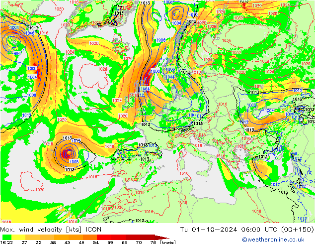 Max. wind velocity ICON  01.10.2024 06 UTC