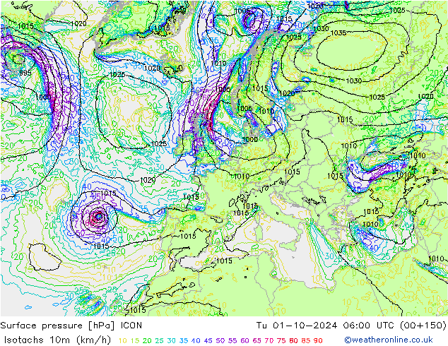 Isotachs (kph) ICON mar 01.10.2024 06 UTC