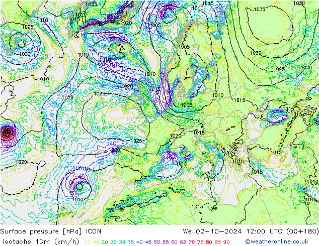 Eşrüzgar Hızları (km/sa) ICON Çar 02.10.2024 12 UTC