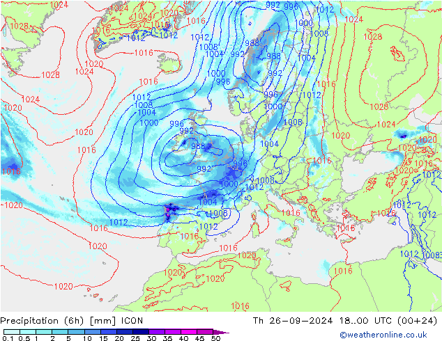 Precipitation (6h) ICON Th 26.09.2024 00 UTC