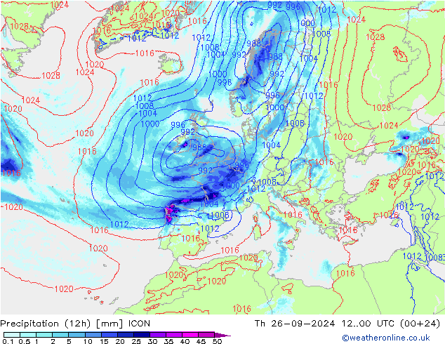 Precipitation (12h) ICON Th 26.09.2024 00 UTC