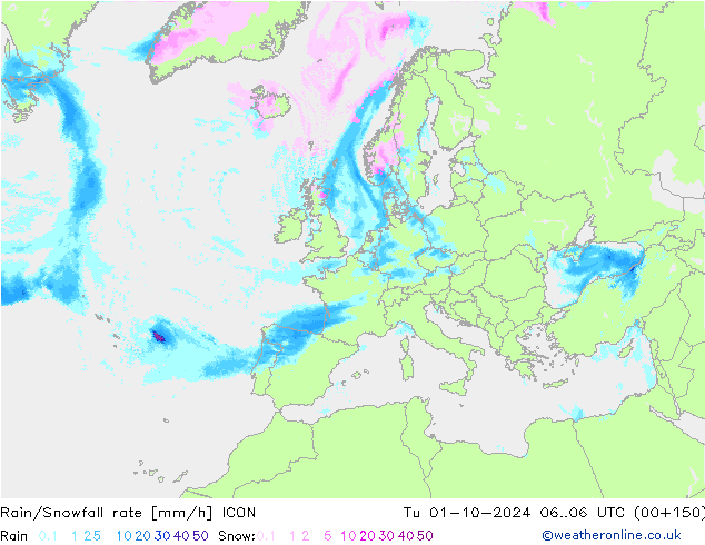 Rain/Snowfall rate ICON mar 01.10.2024 06 UTC