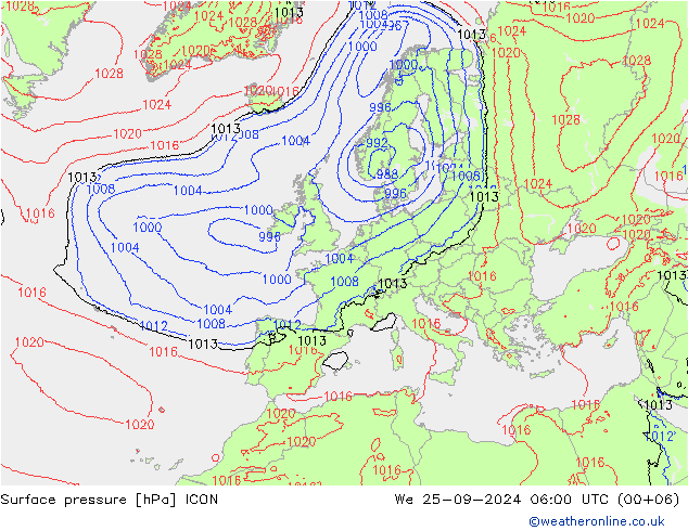 Atmosférický tlak ICON St 25.09.2024 06 UTC