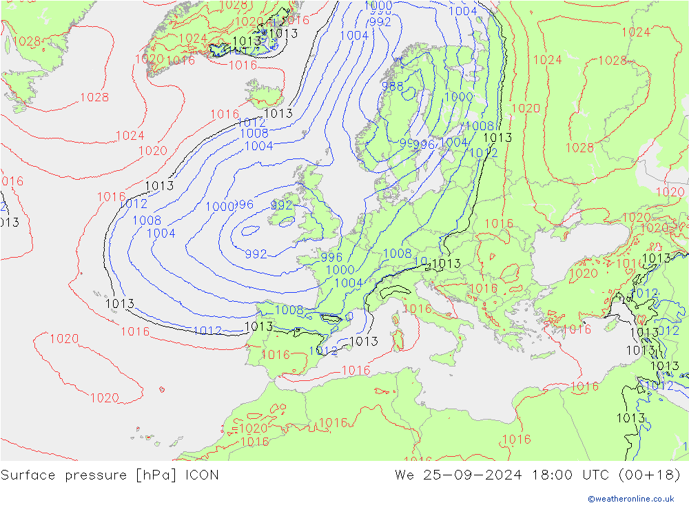 Presión superficial ICON mié 25.09.2024 18 UTC