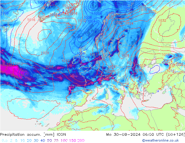 Totale neerslag ICON ma 30.09.2024 06 UTC