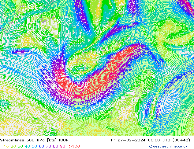 Stromlinien 300 hPa ICON Fr 27.09.2024 00 UTC