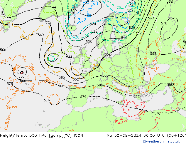 Height/Temp. 500 hPa ICON Mo 30.09.2024 00 UTC