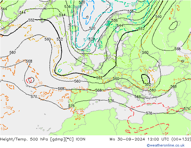 Geop./Temp. 500 hPa ICON lun 30.09.2024 12 UTC