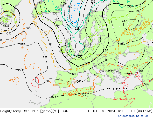 Height/Temp. 500 hPa ICON Út 01.10.2024 18 UTC