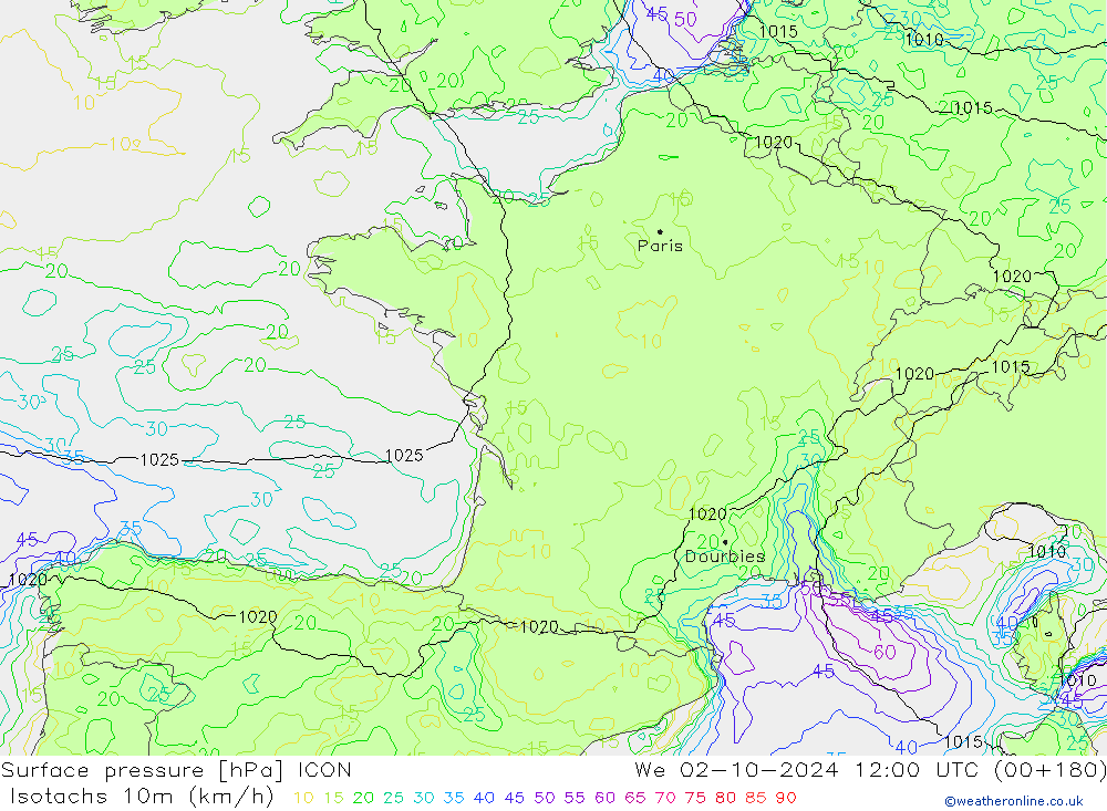 Isotachs (kph) ICON We 02.10.2024 12 UTC