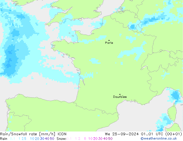 Regen/Schneefallrate ICON Mi 25.09.2024 01 UTC