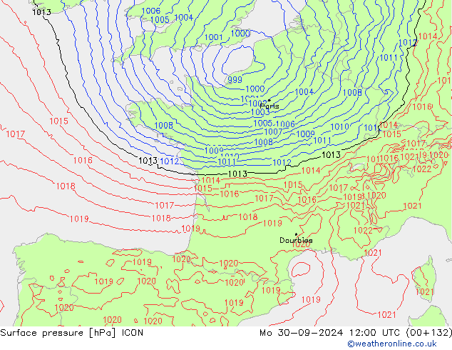 Luchtdruk (Grond) ICON ma 30.09.2024 12 UTC