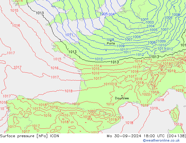 Pressione al suolo ICON lun 30.09.2024 18 UTC