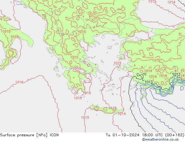 Surface pressure ICON Tu 01.10.2024 18 UTC